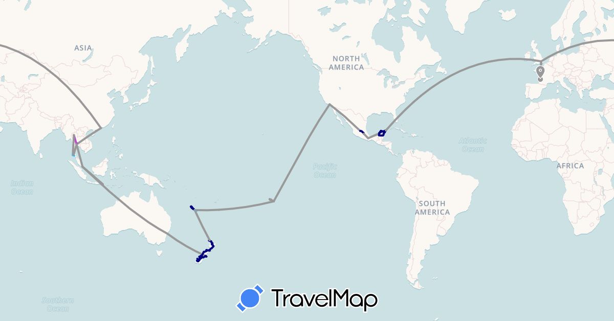 TravelMap itinerary: driving, plane, train, boat in Australia, France, United Kingdom, Hong Kong, Indonesia, Mexico, New Caledonia, New Zealand, French Polynesia, Singapore, Thailand, United States (Asia, Europe, North America, Oceania)